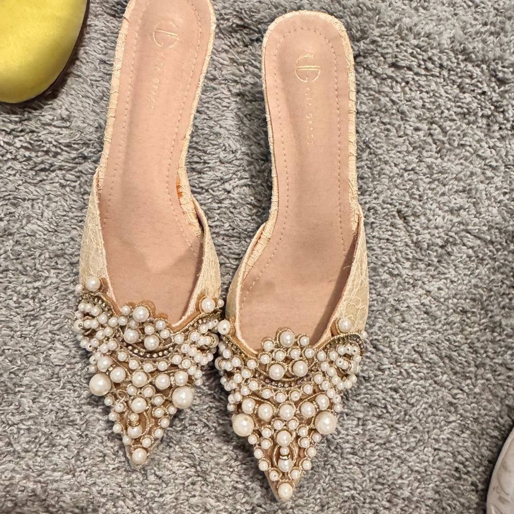 Pearl Embellished Lace Mules